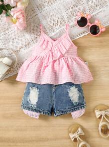SHEIN 2pcs Baby Girls' Leisure Plaid Ruffled Strap Top And Denim Ripped Shorts Set - Multicolor - View 8