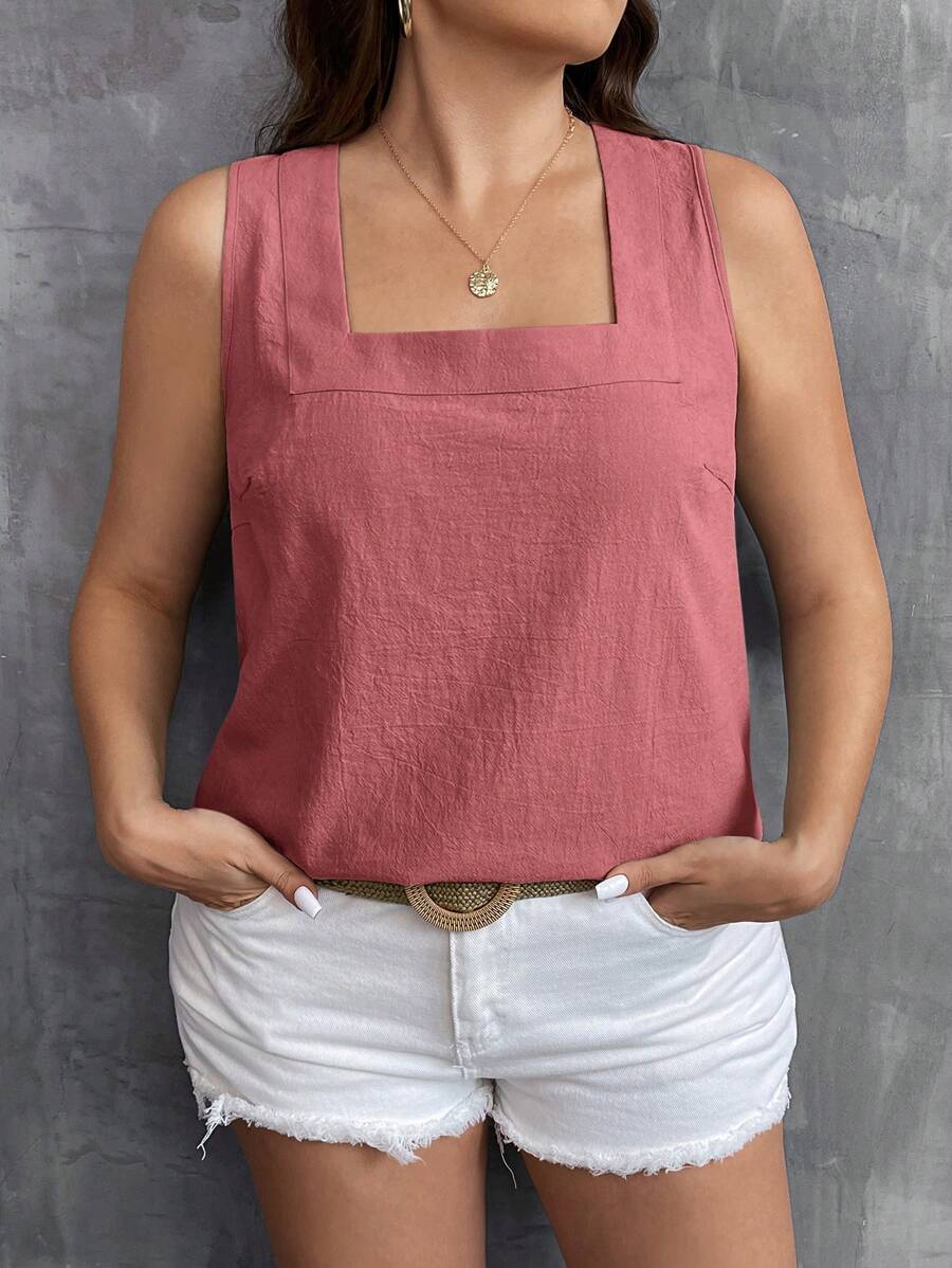 SHEIN LUNE Plus Size Women Solid Color Square Neck Loose Tank Top For Summer