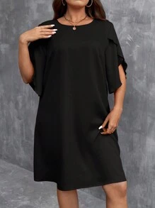 SHEIN LUNE Overlap Sleeve Round Neck A-Line Plus Size Dress - Black - View 4