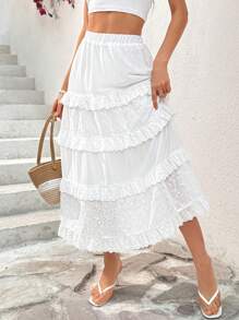 SHEIN Essnce White Patchwork  Skirt With Embroidered Floral Lace Border, Women Skirt For Summer