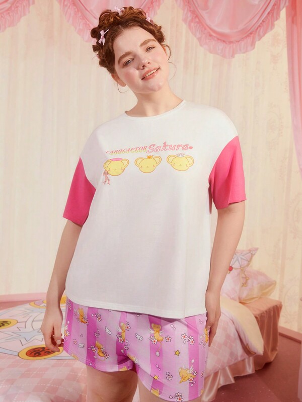 CARDCAPTOR SAKURA | SHEIN Set de pijama cu pantaloni scurți și top cu umăr căzut, cu imprimeu cu alfabet, cu imprimeu cu alfabet, cu dimensiuni mari
