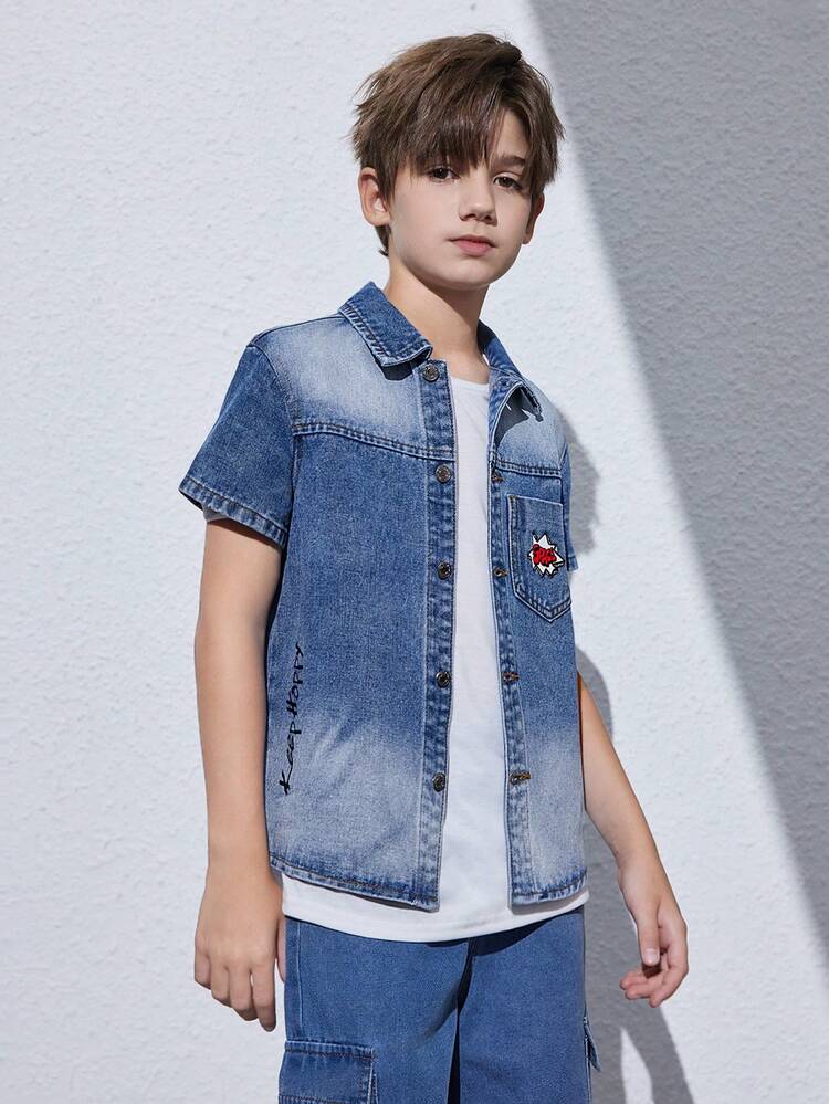 少年洗水雲母印花釦扣休閒牛仔夾克 - 中等水洗藍 - 查看 3