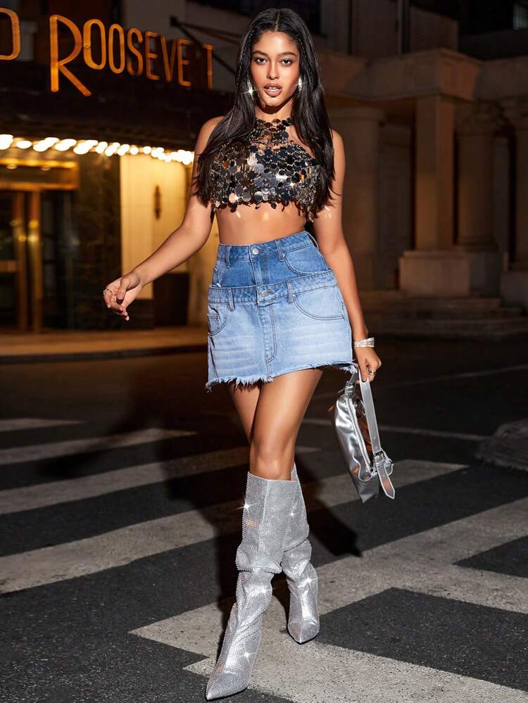 Music Festival Vintage Reinvented Double Upcycled Denim Mini Skirt&Stagecoach&Summer Clothes&Festival Outfits&&Beach Women Outfits&Mini Skirt