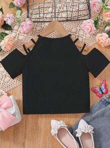Camiseta casual de verano para niñas preadolescentes con hombros descubiertos y mangas cortas en unicolor - Negro - Ver 2