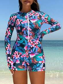 Swim SPRTY Traje de baño de una pieza con estampado tropical para mujer - Multicolor - Ver 3
