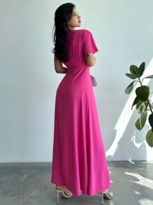 Firerie Ramadan Short Sleeve Round Neck Ruched Dress With Cinching Waist And A-Line Silhouette, Slim Fit