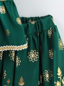 SHEIN Baby Girl Vacation Style Plant Print Ruffle Hem Shirt And Skirt Set For Summer - Green - View 5