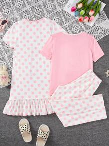 SHEIN Conjunto de 3 peças Para Menina Adolescente, Camiseta Casual de Manga Curta, Calça Comprida e Macacão de Pijama Retardante de Chamas Fofos