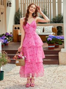 Aveloria Rosie Organza Gradient Floral Printed Multi-Layered Dress, With Ruffle Trim, Square Neckline, And Belt, For Women - Multicolor - View 3