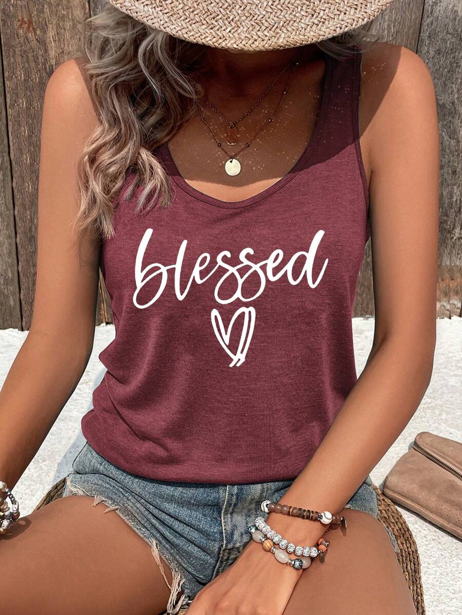INAWLY Women\ Heart-Shaped Letter Print Leisure Vacation Tank Top - Redwood - View 1