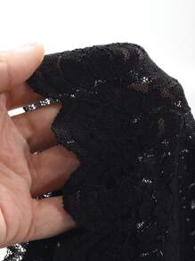 DAZY 女式春夏蕾丝边V领修身长袖透明上衣 - 黑色 - 查看 8