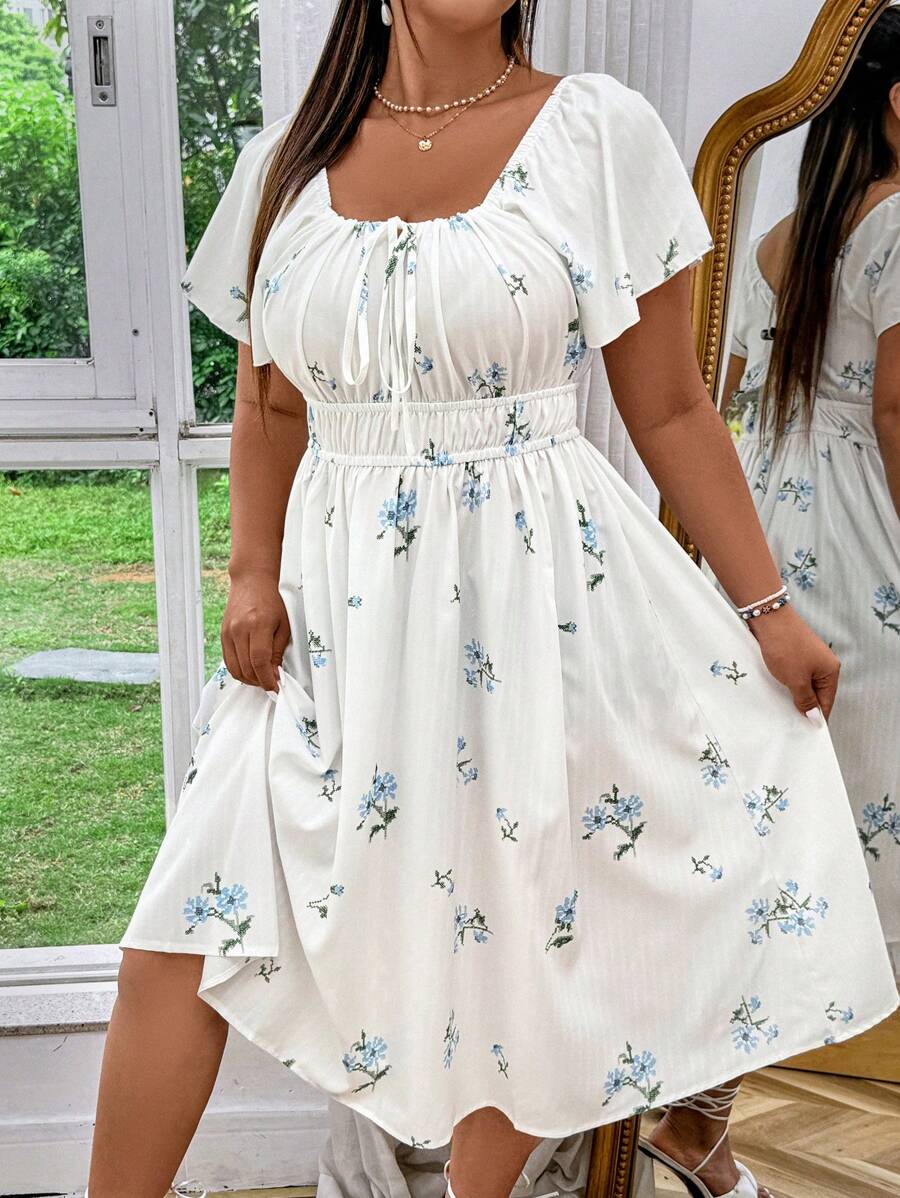 Flirla Plus Size Square Neck Floral Print Digital Printed Dress With Ruffle Chest And Elastic Waist For Summer - White - View 1
