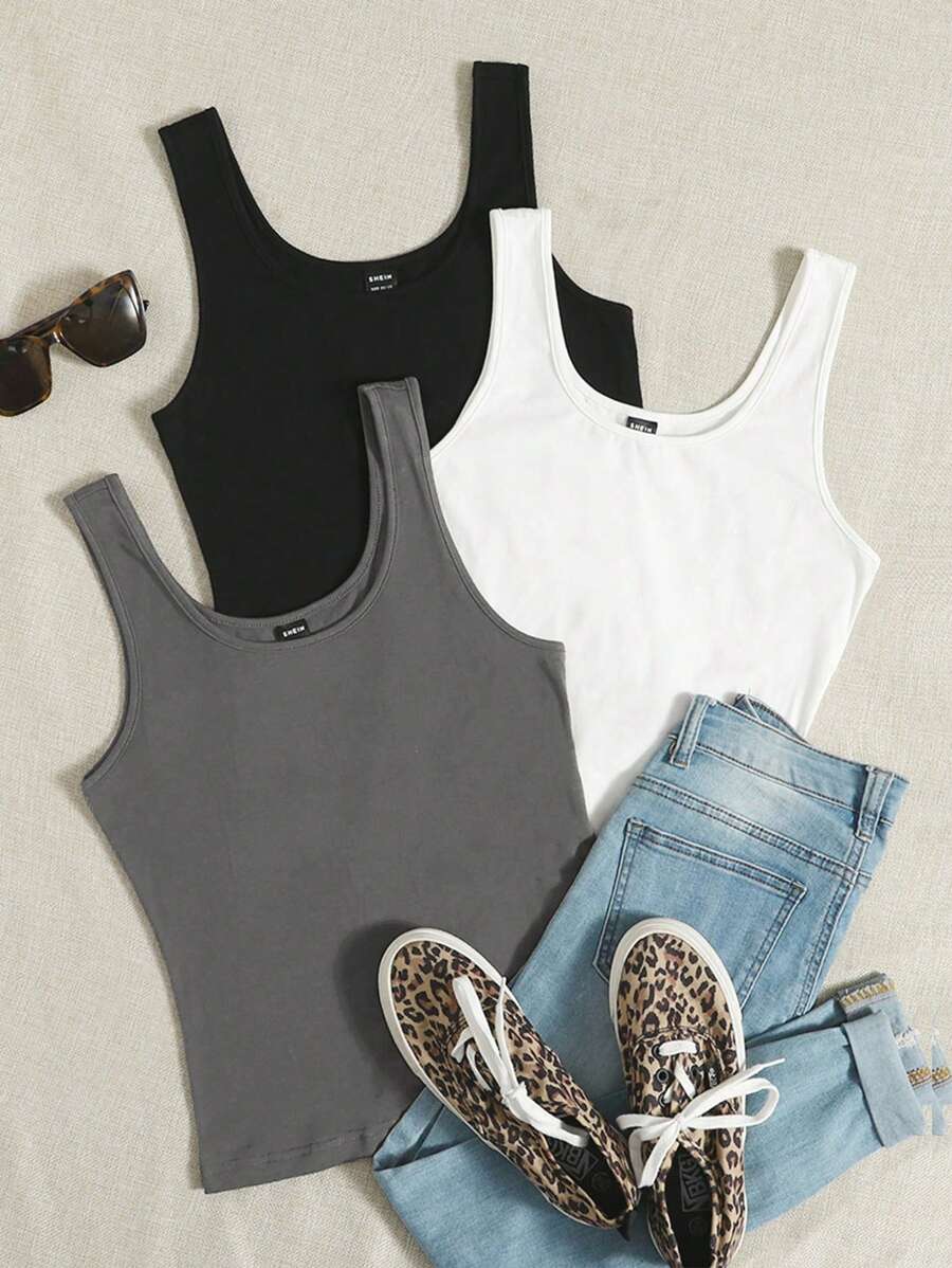SHEIN EZwear Women'S Solid Color Tank Top Set With 3pcs - Grey - View 1