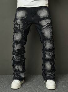 SHEIN Tween Boy Moda Casual Design Sense Rough Edge Quadrado Triângulo Corte Preto Denim Fit Com Jeans Elástico Para Uso Diário E Outono Roupas Infantis