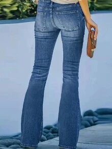Women's Casual Solid Color Button Flare Jeans, Suitable For Commuting And Daily Wear, Autumn - Blue - View 2