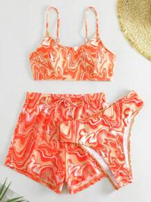 Swim Lushoire Women Summer Beach Swirl Print Vacation Spaghetti Strap Bikini Set, Printed Randomly - Orange - View 4