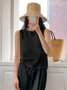 DAZY 女裝夏季純色無袖鬆身針織上衣，圓領款式 - 黑色 - 查看 4