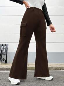 SHEIN EZwear Plus Size Casual Solid Color Cargo Flare Pants - Chocolate Brown - View 1