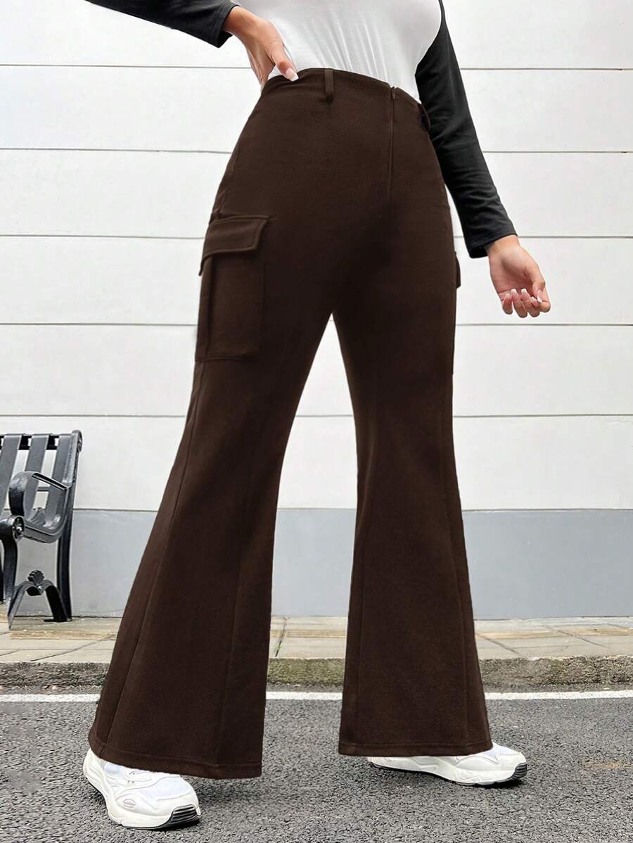 SHEIN EZwear Plus Size Casual Solid Color Cargo Flare Pants - Chocolate Brown - View 1