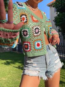 Breezaya Frauen Urlaub Floral gemusterte Cut Out lange Ärmel offen Front lockere Strickjacke