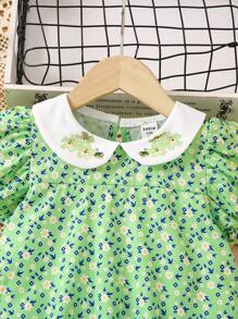 SHEIN Váy ngắn tay phong cách ngày lễ cho bé gái, thêu cổ Peter Pan và in toàn bộ - màu xanh lá - Xem 6