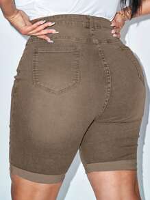 SHEIN Shorts de mezclilla de talla grande con dobladillo enrollado, perfectos para atuendos informales de primavera / verano - Café integral - Ver 2