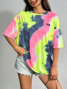 SHEIN EZwear Women Casual Summer Colorblock Tie-Dye Short Sleeve T-Shirt