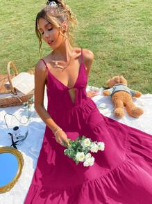 SHEIN VCAY Women Summer Beach Cut Out Front Ruffle Hem Cami Maxi Black Dress - Hot Pink - View 6