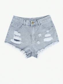 SHEIN EZwear 夏季休閒破洞牛仔短褲 - 淺灰色 - 查看 4