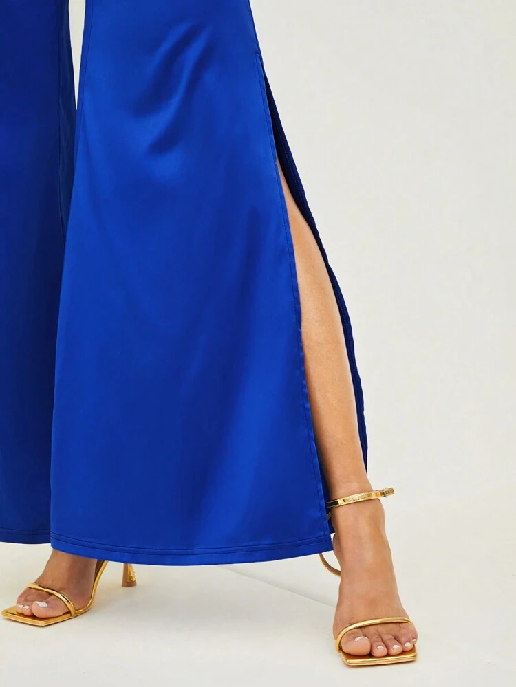 Lace Up Backless Split Hem Jumpsuit