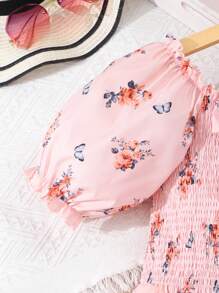 Robe de fille adolescente à fleurs, col rond et manches courtes - Orange - Voir 4