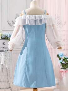 SHEIN 少女心連心單品粉色荷葉邊背帶高腰連衣裙 - 淺藍色 - 查看 2