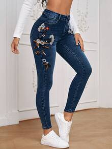 SHEIN LUNE 女士花卉刺繡日常百搭多用途牛仔褲 - 中等水洗藍 - 查看 5