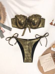 SHEIN Swim Conjunto de bikini de verano para mujer con detalles de volantes con acabado metálico y de madera, bikini bandeau con conjunto de bikini separado