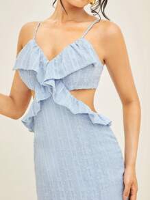 L'Amorae Swiss Dot Ruffle Cut Out Split Thigh Slip Dress - Blue - View 5
