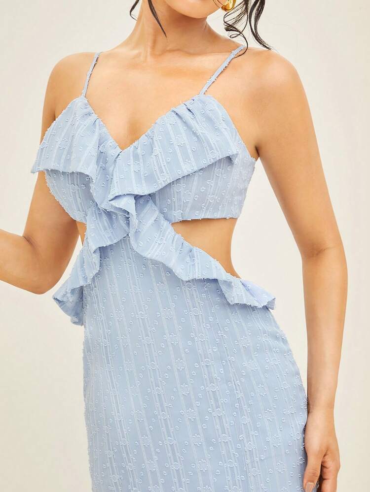 Swiss Dot Ruffle Cut Out Split Thigh Slip Dress