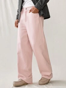 Manfinity RebelGame Pantaloni casual țesuți cu picioare largi pentru bărbați, cu culoare uni și buzunare
