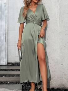 SHEIN Clasi Women Summer Solid Color Overlapping V-Neck Ruffled Short Sleeve Wrapped Hem Elegant Dress - Green - View 1