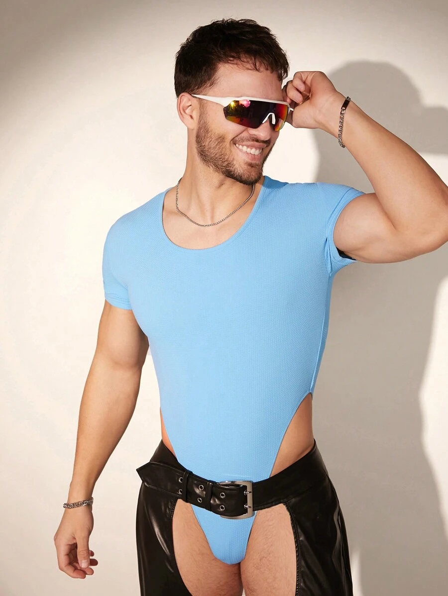 FeverCity Heren jumpsuit met effen kleur ronde hals en korte mouwen - Baby blauw - Bekijken 1