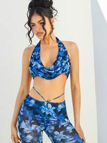 Hauture Floral Draped Halter Tie Crop Top Summer Fits - Blue - View 1