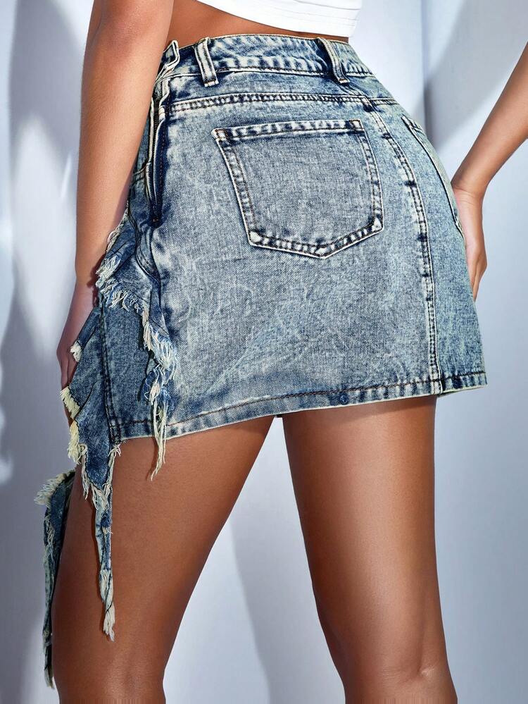Women Bottom Spring Outfits Low Waist Slim Fit Mini Skirt With Frayed Hem And Ruffle Detailing&Stagecoach&Music Festival