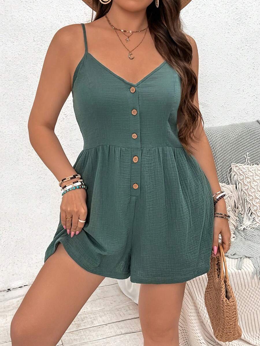 SHEIN VCAY Plus Size Vacation Simple Style All-Match Spaghetti Strap Elastic Waist Jumpsuit - Army Green - View 1