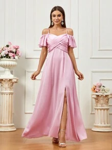 SHEIN Belle Elegant Satin Side Slit Bridesmaid Dress  Wedding Guest Summer - Baby Pink - View 4