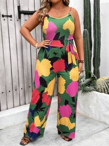 SHEIN VCAY 大碼假期休閒花卉印花細肩肩帶連身褲 - 彩色 - 查看 1