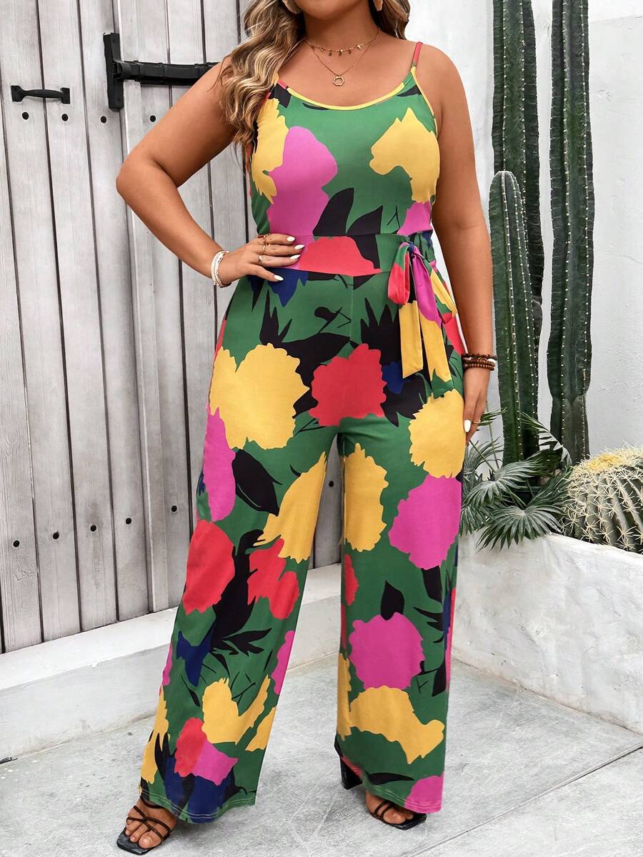 SHEIN VCAY 大碼假期休閒花卉印花細肩肩帶連身褲 - 彩色 - 查看 1