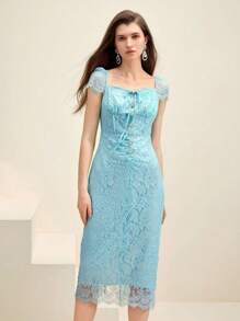 Anewsta Elegant Water Blue Lace Midi Dress For Ladies' Party - Baby Blue - View 4