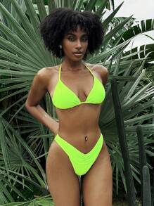 SHEIN Swim Summer Beach Fashionable And Versatile Women's Fluorescent Neon Bikini Set Bathing Suit - Green - View 3