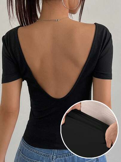 DAZY Backless Fitted Short Sleeve Casual T-Shirt For Women Going Out Tops Summer,Halter Top