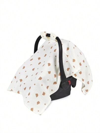 1pc Bear Pattern Baby Carrying Basket Cover, Made Of Breathable Cotton And Sunshade