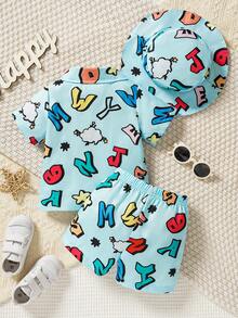 Ensemble de 3 pièces à la mode de style de rue avec impression de lettres (chemise, pantalon et chapeau seau) pour bébé garçons - Multicolore - Voir 2